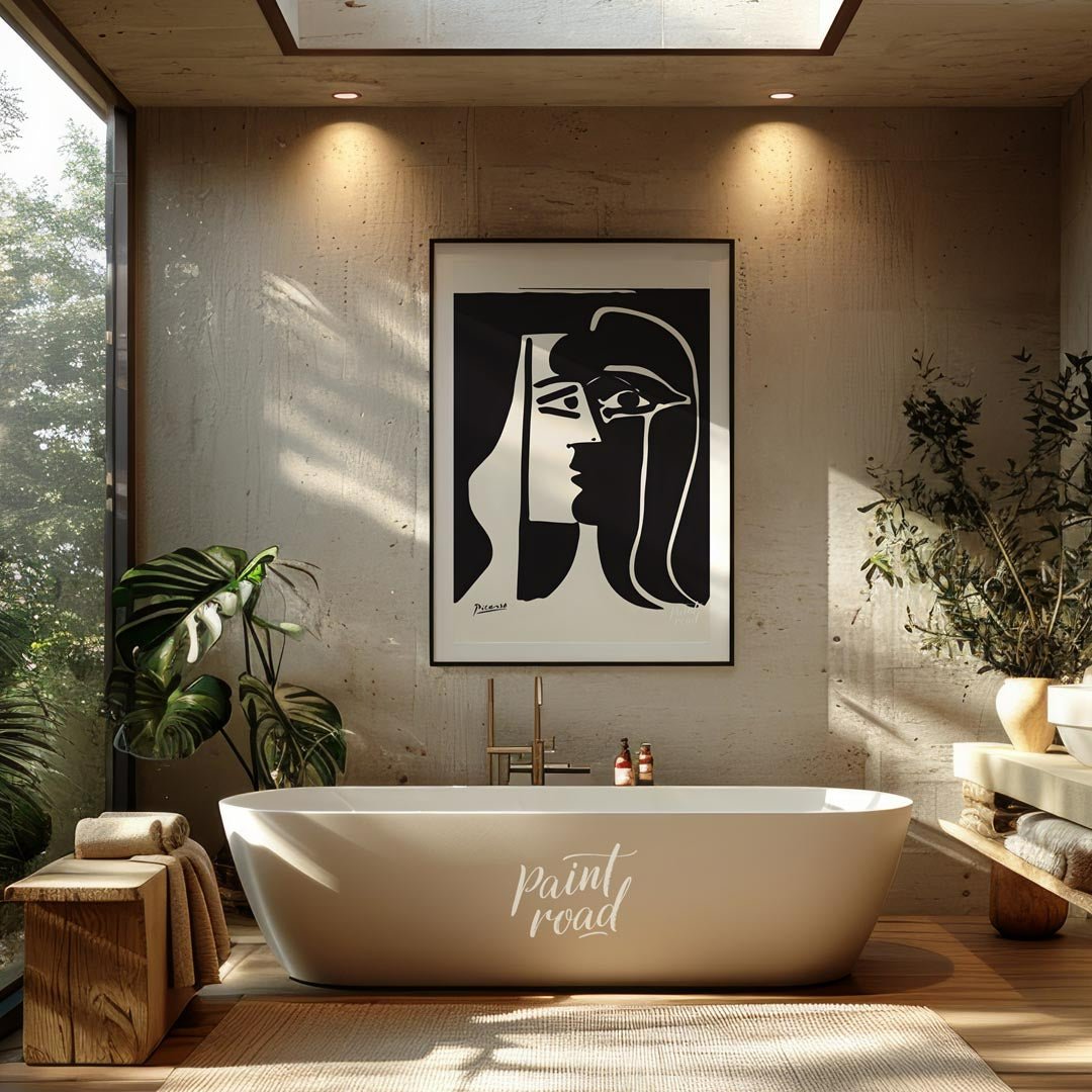 This stark and powerful black and white print, potentially “The Kiss” or a similar emotive work by … for bathroom