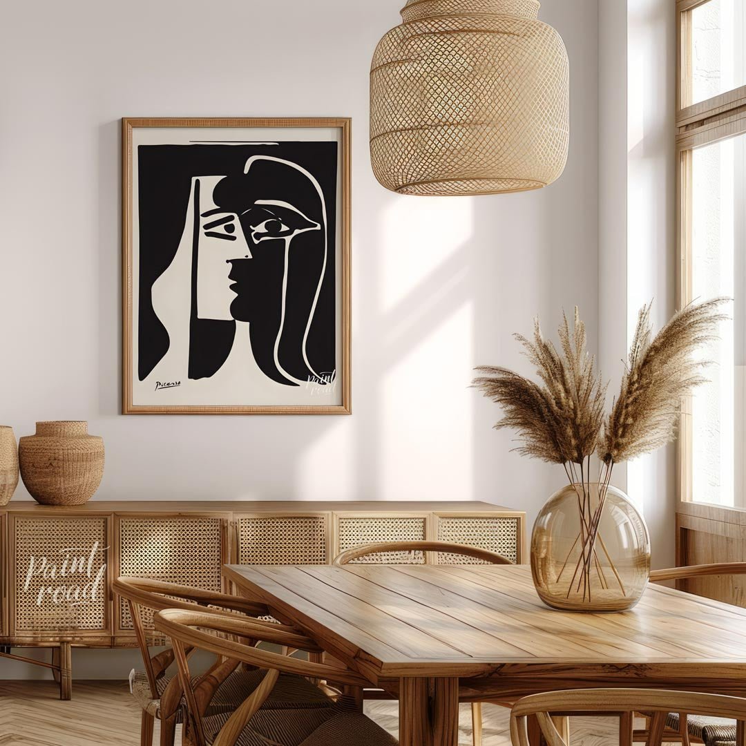 This stark and powerful black and white print, potentially “The Kiss” or a similar emotive work by … for dining room