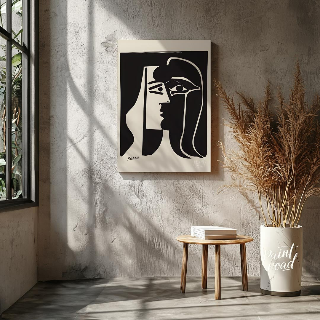 This stark and powerful black and white print, potentially “The Kiss” or a similar emotive work by … for living room