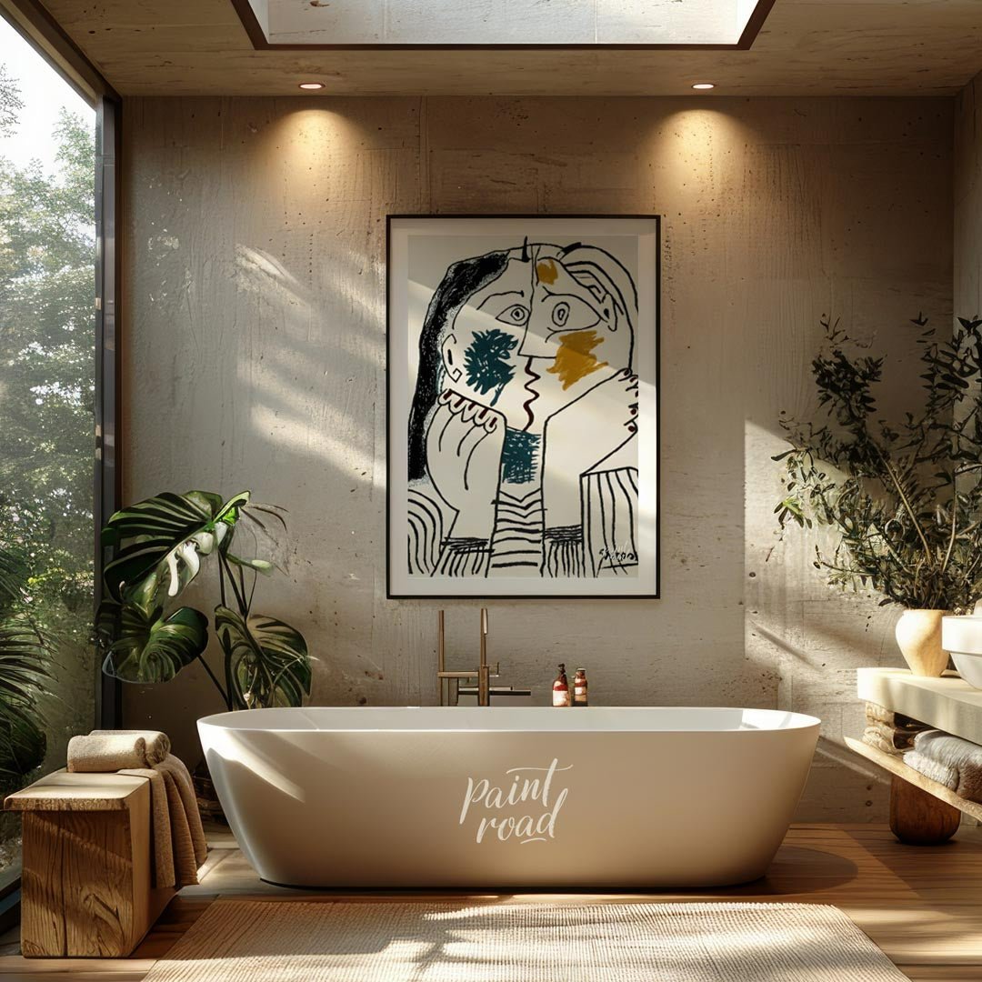 Pablo Picasso’s “The Kiss” (also known as “Le Baiser”) is a captivating and intimate portrayal of e… for bathroom