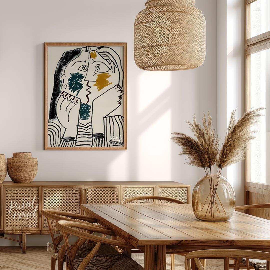Pablo Picasso’s “The Kiss” (also known as “Le Baiser”) is a captivating and intimate portrayal of e… for dining room