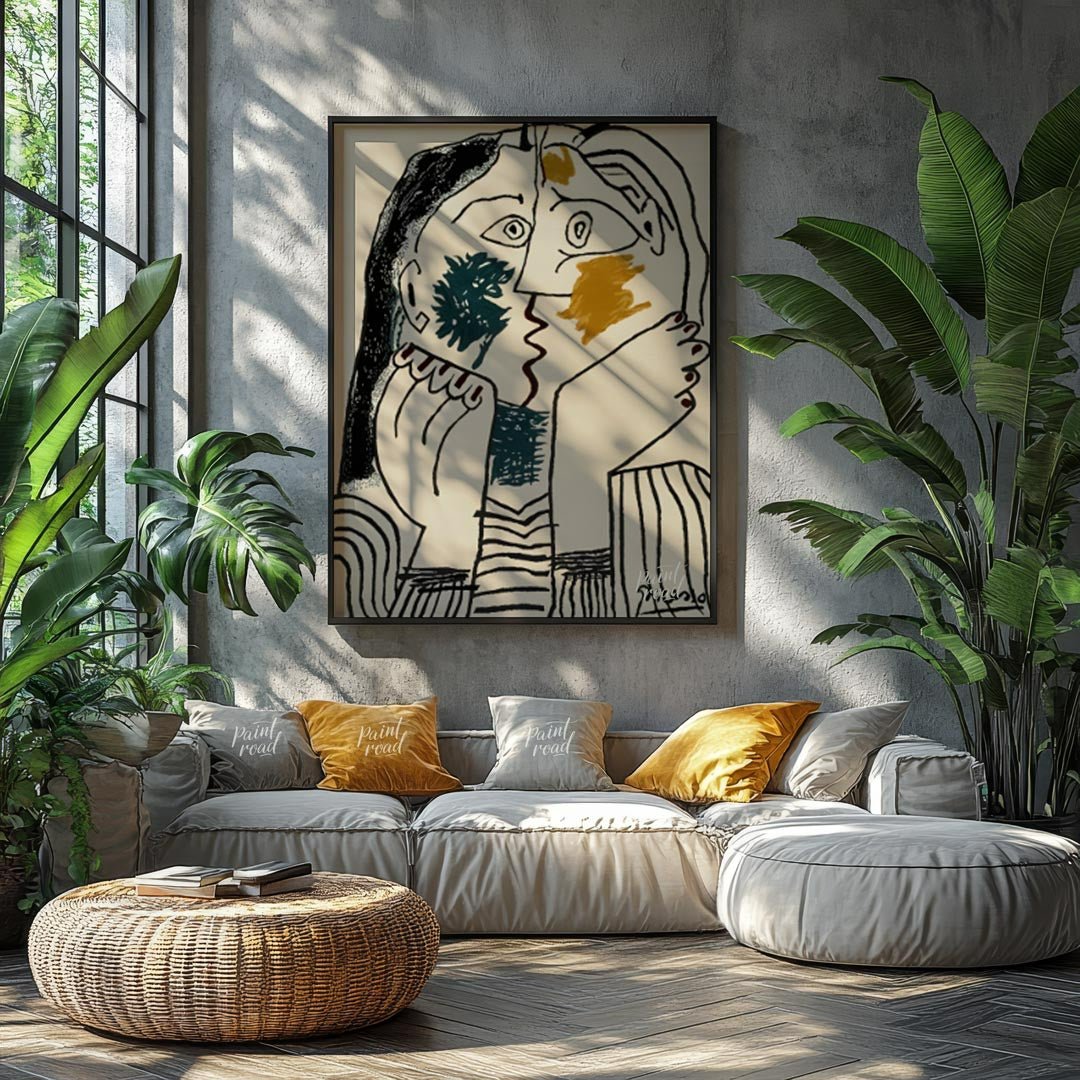 Pablo Picasso’s “The Kiss” (also known as “Le Baiser”) is a captivating and intimate portrayal of e… for living room