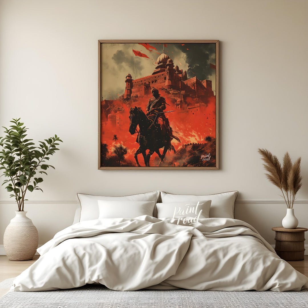 This dramatic artwork depicts a warrior on horseback riding through a fiery landscape. In the backg… for bedroom
