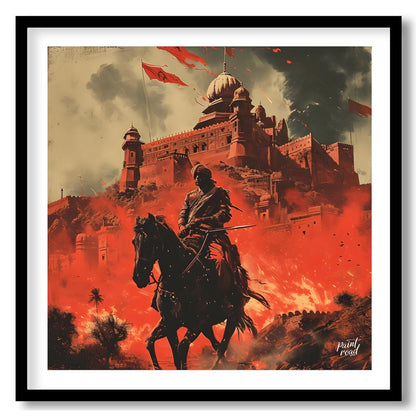 This dramatic artwork depicts a warrior on horseback riding through a fiery landscape. In the backg… for home