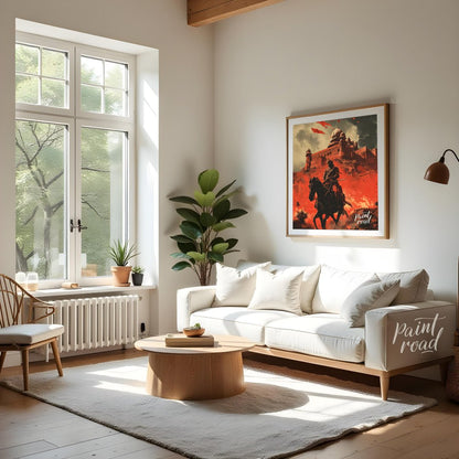 This dramatic artwork depicts a warrior on horseback riding through a fiery landscape. In the backg… for living room