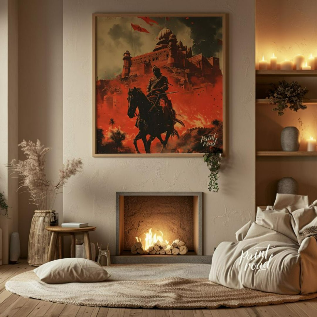 This dramatic artwork depicts a warrior on horseback riding through a fiery landscape. In the backg… for living room