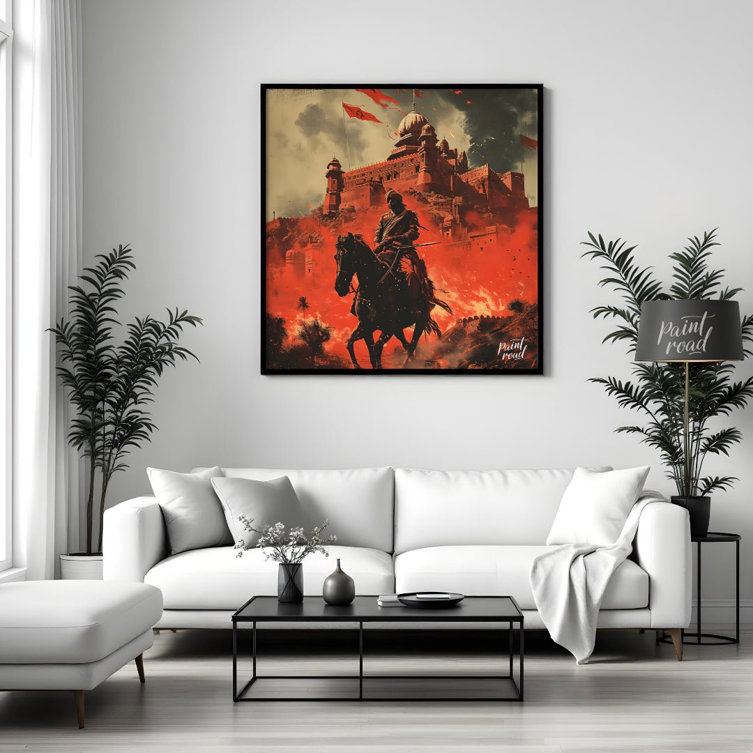 This dramatic artwork depicts a warrior on horseback riding through a fiery landscape. In the backg… for living room
