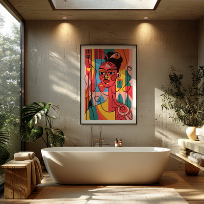 A vibrant and expressive portrait of a woman, rendered in bold colors and abstract shapes. The arti… for bathroom