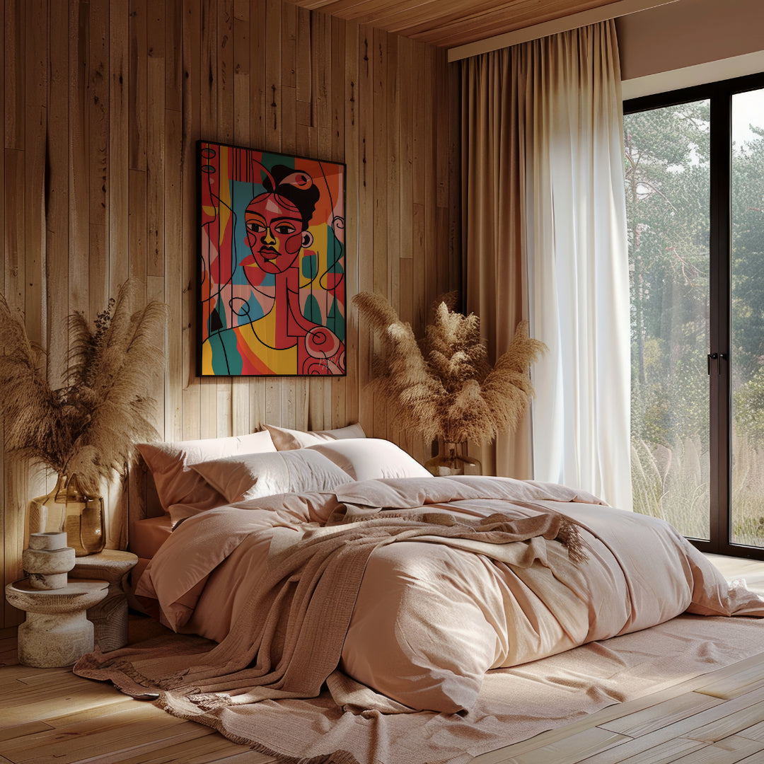 A vibrant and expressive portrait of a woman, rendered in bold colors and abstract shapes. The arti… for bedroom