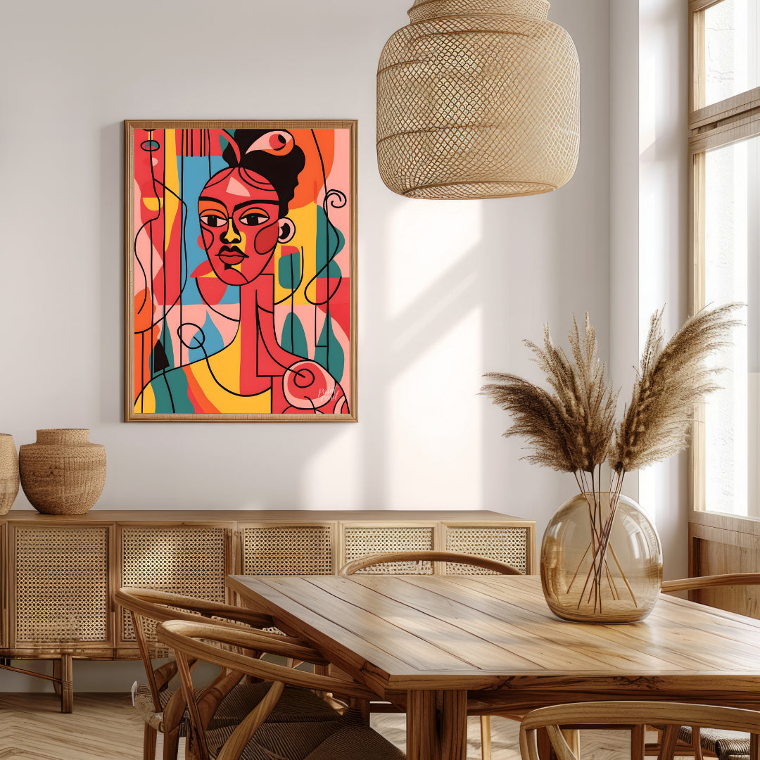 A vibrant and expressive portrait of a woman, rendered in bold colors and abstract shapes. The arti… for dining room