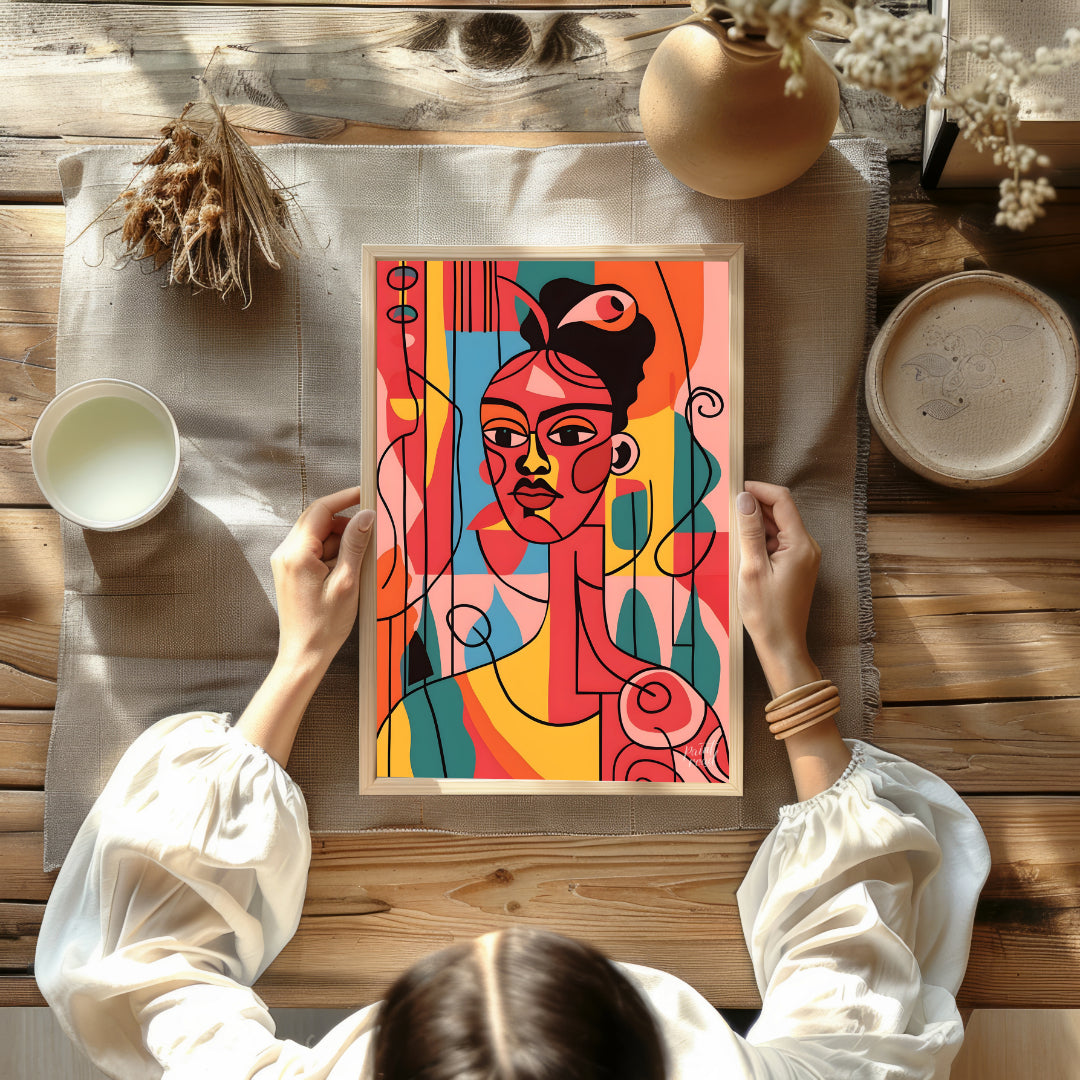A vibrant and expressive portrait of a woman, rendered in bold colors and abstract shapes. The arti… for dining room