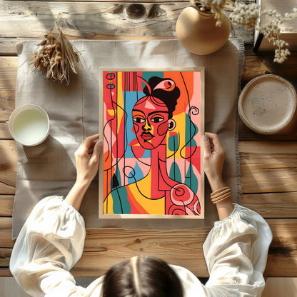 A vibrant and expressive portrait of a woman, rendered in bold colors and abstract shapes. The arti… for dining room