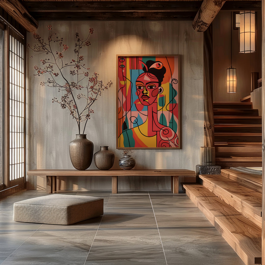 A vibrant and expressive portrait of a woman, rendered in bold colors and abstract shapes. The arti… for entryway