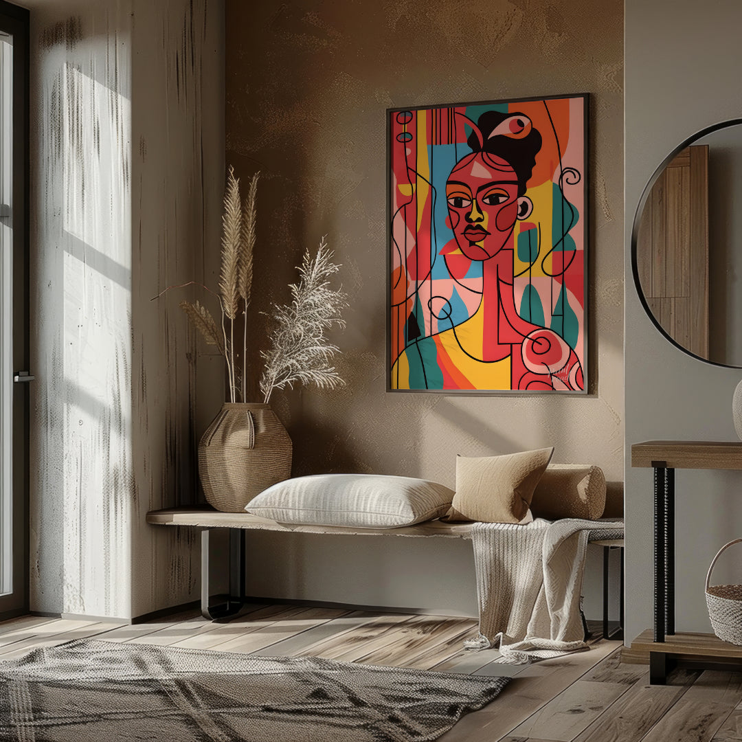 A vibrant and expressive portrait of a woman, rendered in bold colors and abstract shapes. The arti… for entryway