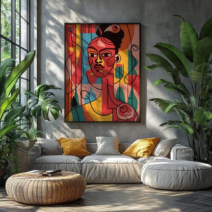 A vibrant and expressive portrait of a woman, rendered in bold colors and abstract shapes. The arti… for living room