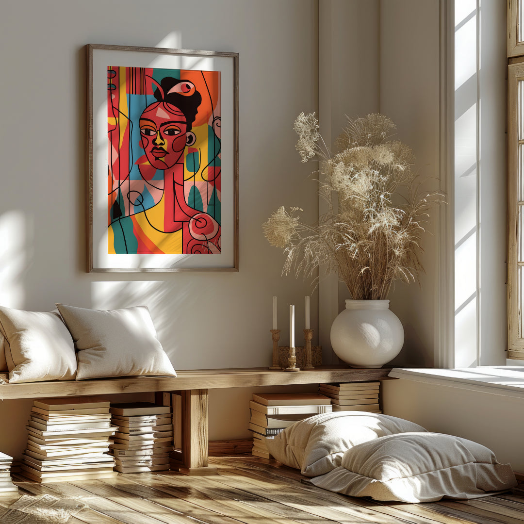 A vibrant and expressive portrait of a woman, rendered in bold colors and abstract shapes. The arti… for living room