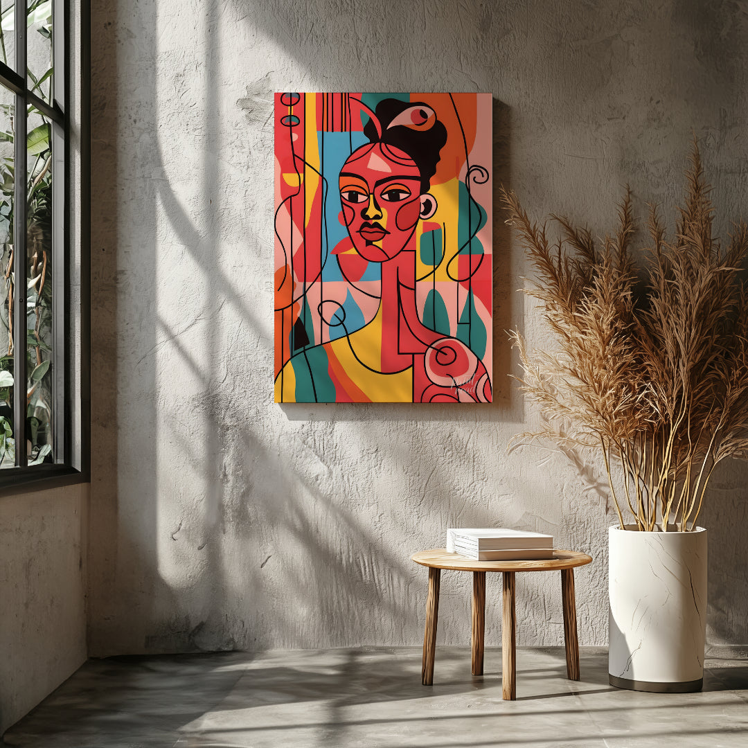 A vibrant and expressive portrait of a woman, rendered in bold colors and abstract shapes. The arti… for living room
