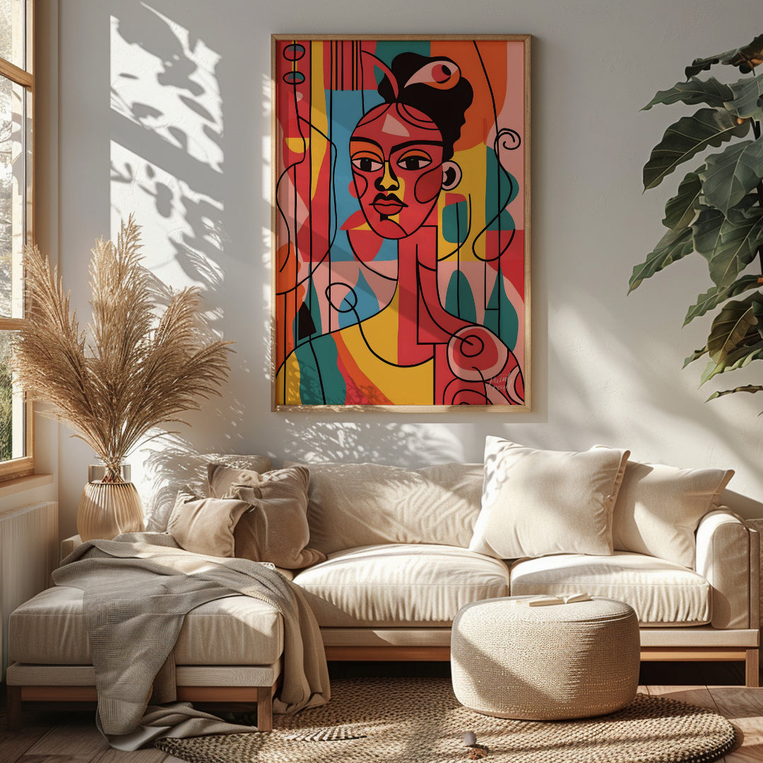 A vibrant and expressive portrait of a woman, rendered in bold colors and abstract shapes. The arti… for living room
