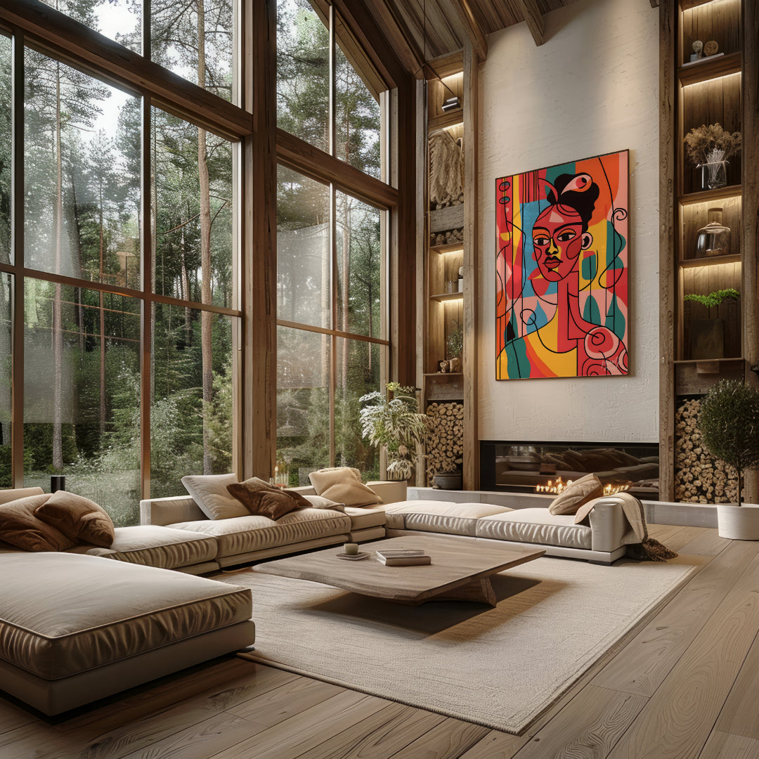 A vibrant and expressive portrait of a woman, rendered in bold colors and abstract shapes. The arti… for living room