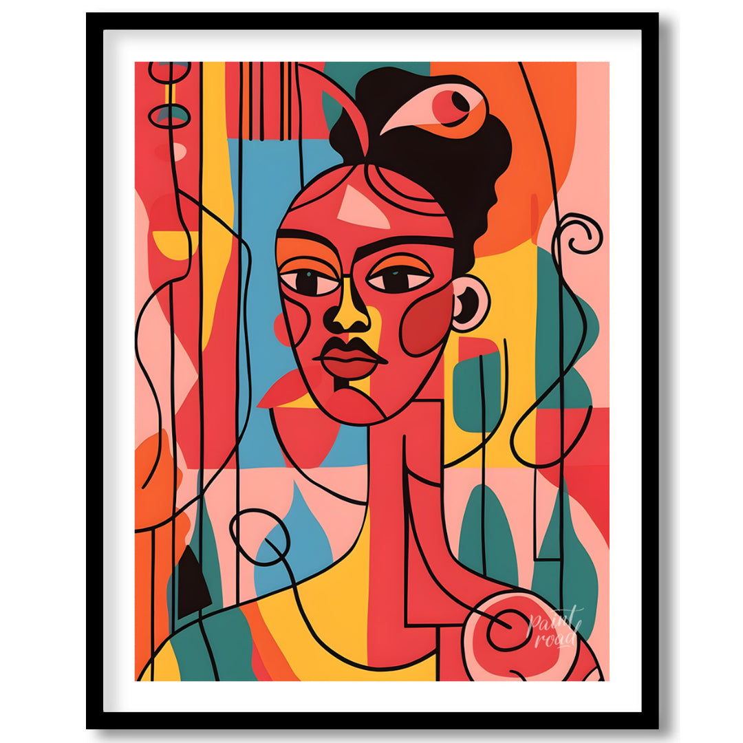 A vibrant and expressive portrait of a woman, rendered in bold colors and abstract shapes. The arti… for place