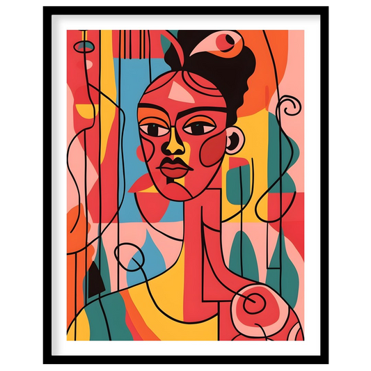 A vibrant and expressive portrait of a woman, rendered in bold colors and abstract shapes. The arti… for place