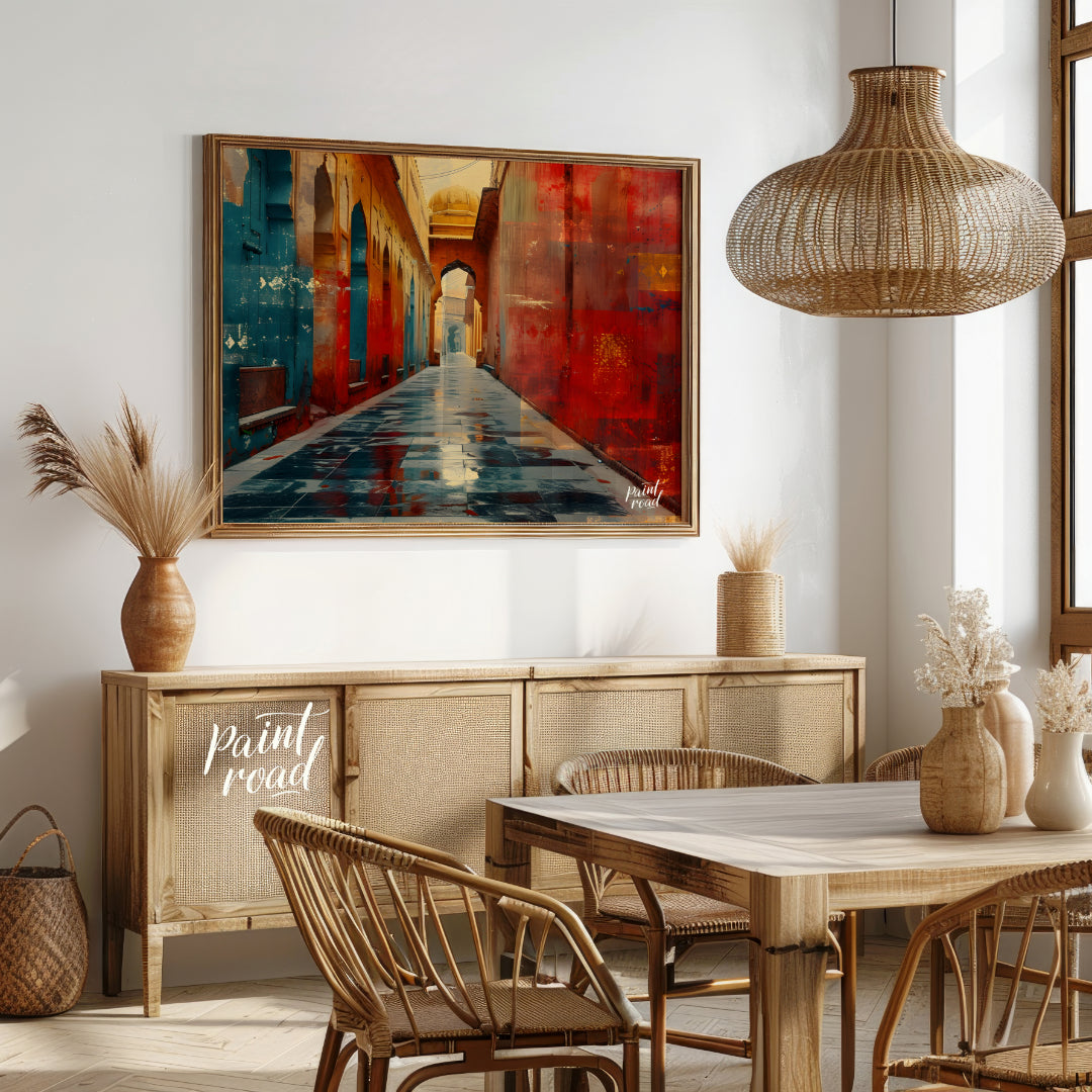 This captivating image showcases a narrow alleyway in a vibrant Indian city. The walls are adorned … for dining room