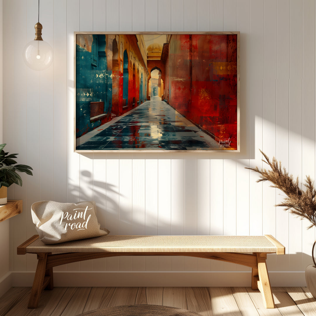 This captivating image showcases a narrow alleyway in a vibrant Indian city. The walls are adorned … for entryway