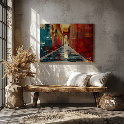 This captivating image showcases a narrow alleyway in a vibrant Indian city. The walls are adorned … for entryway
