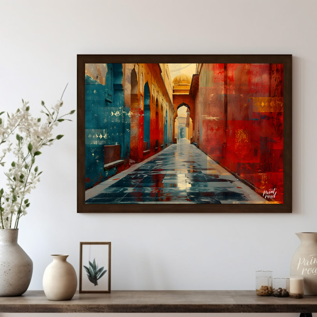 This captivating image showcases a narrow alleyway in a vibrant Indian city. The walls are adorned … for hallway