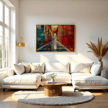 This captivating image showcases a narrow alleyway in a vibrant Indian city. The walls are adorned … for living room