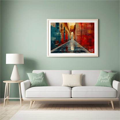 This captivating image showcases a narrow alleyway in a vibrant Indian city. The walls are adorned … for living room