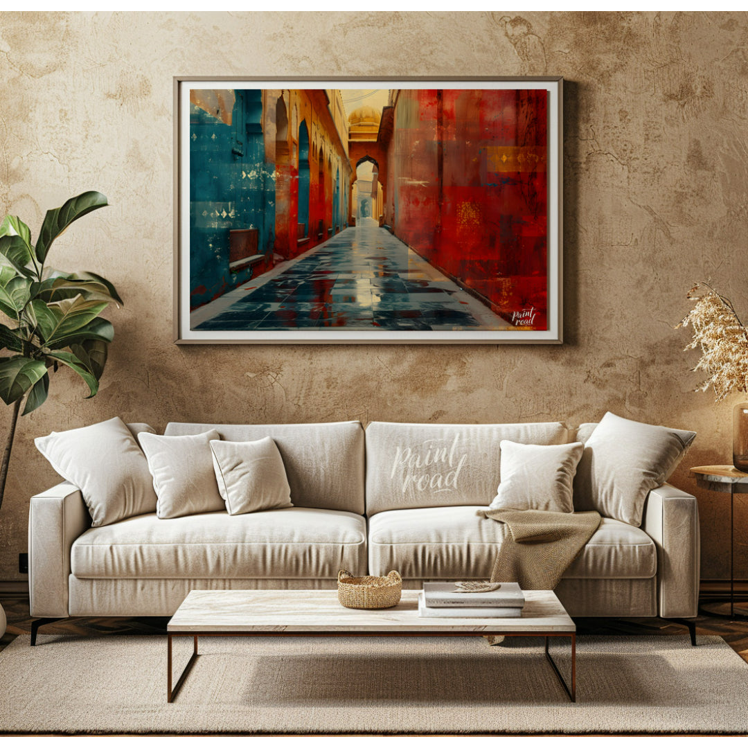 This captivating image showcases a narrow alleyway in a vibrant Indian city. The walls are adorned … for living room