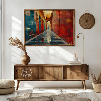 This captivating image showcases a narrow alleyway in a vibrant Indian city. The walls are adorned … for living room