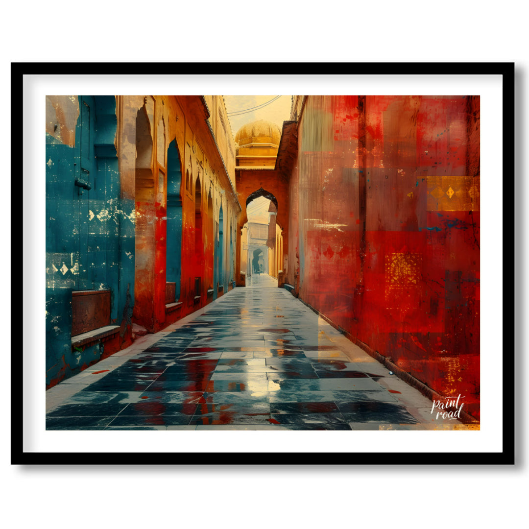 This captivating image showcases a narrow alleyway in a vibrant Indian city. The walls are adorned … for space