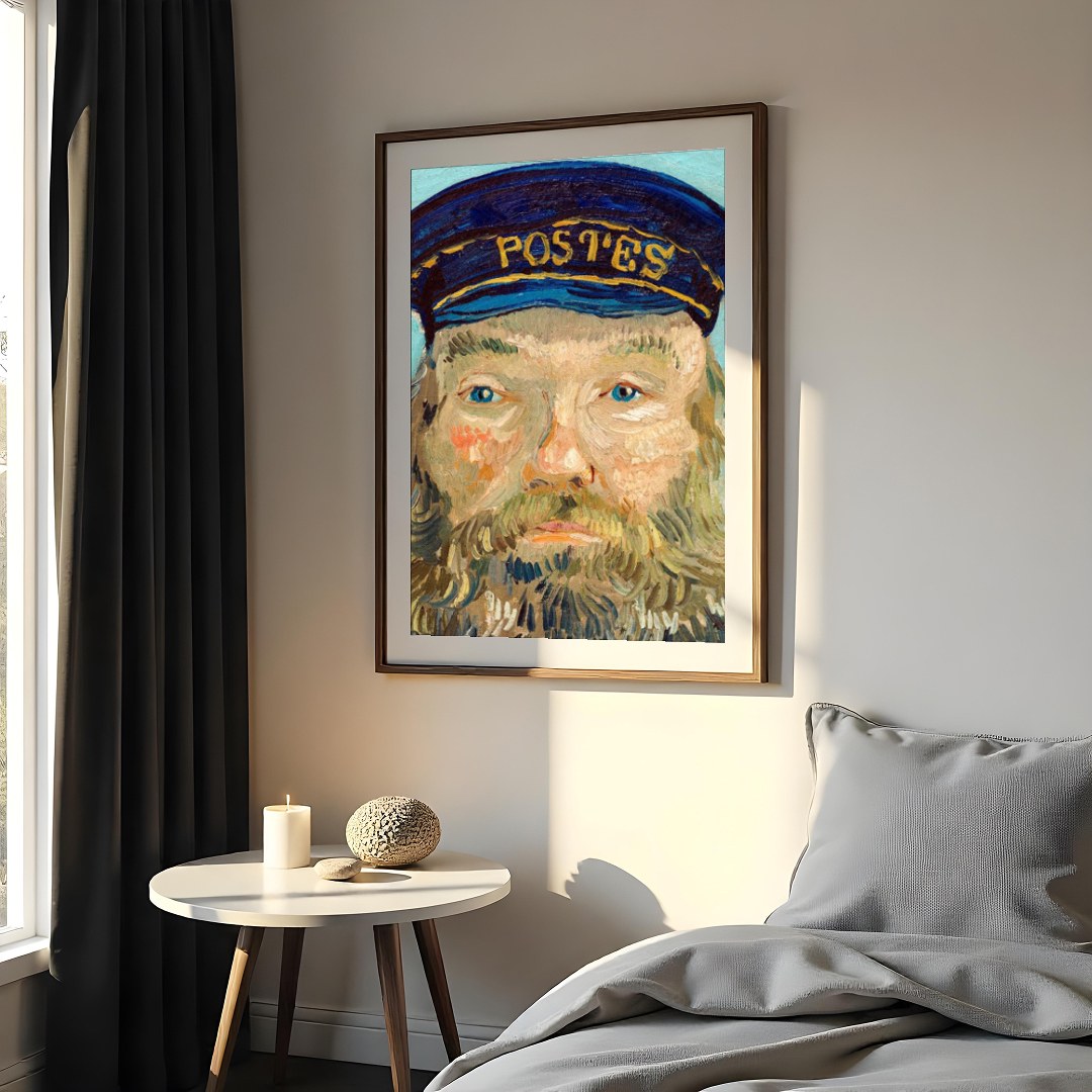 Capture the timeless essence of communication with 'The Postman's Portrait in Blue'. This for Bedroom