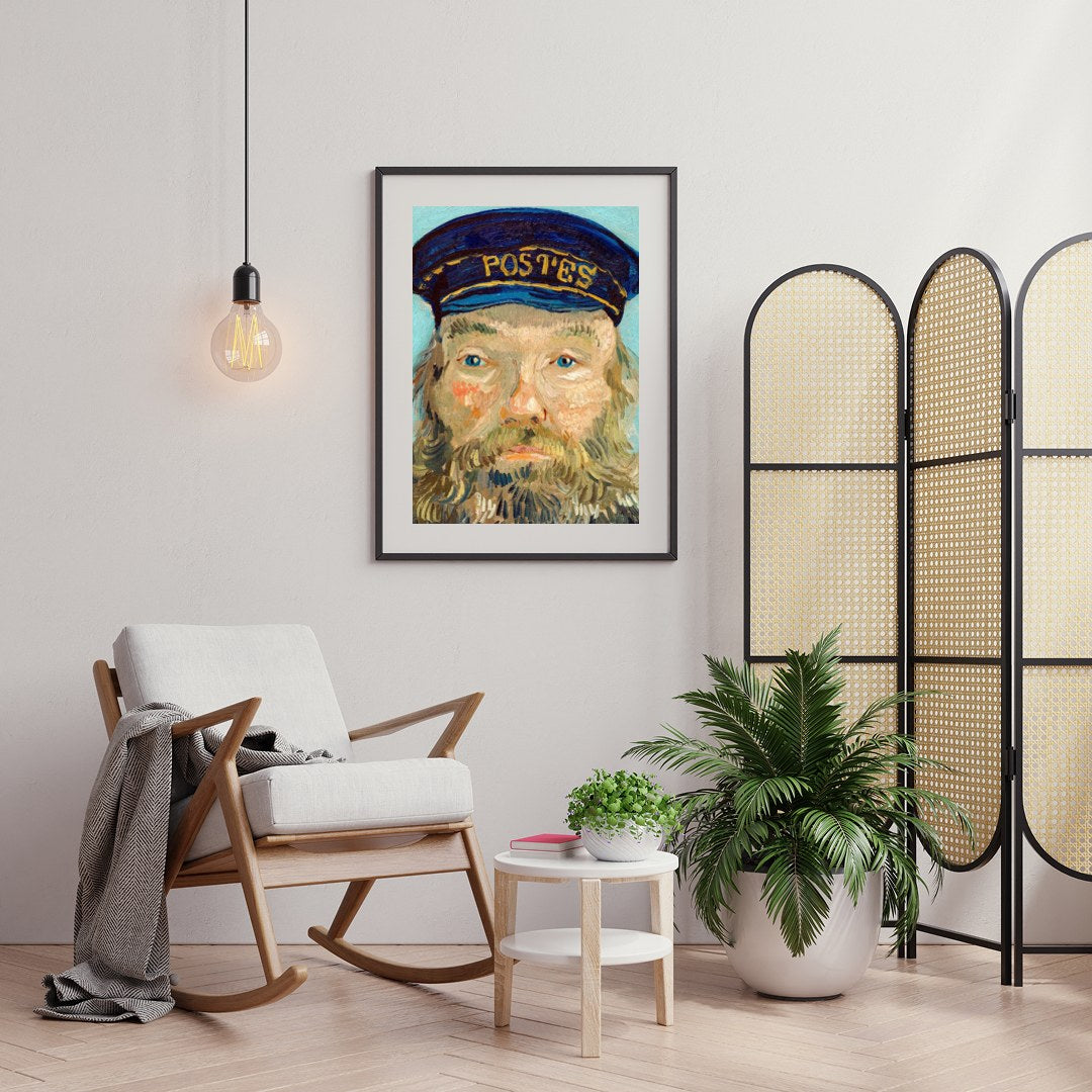 Capture the timeless essence of communication with 'The Postman's Portrait in Blue'. This for Foyer