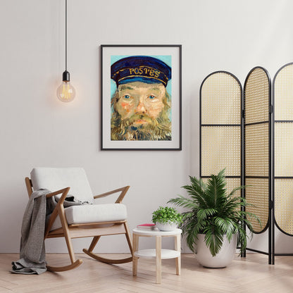 Capture the timeless essence of communication with 'The Postman's Portrait in Blue'. This for Foyer