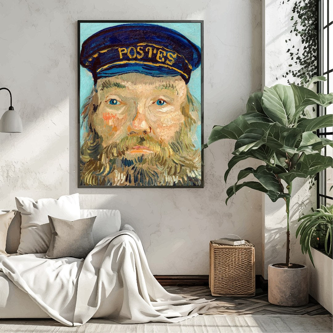 Capture the timeless essence of communication with 'The Postman's Portrait in Blue'. This for Living Room