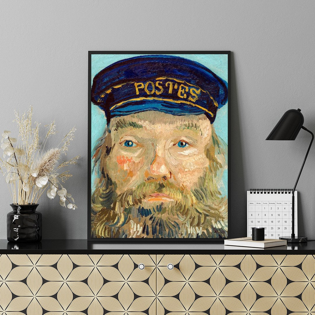 Capture the timeless essence of communication with 'The Postman's Portrait in Blue'. This for Shelf