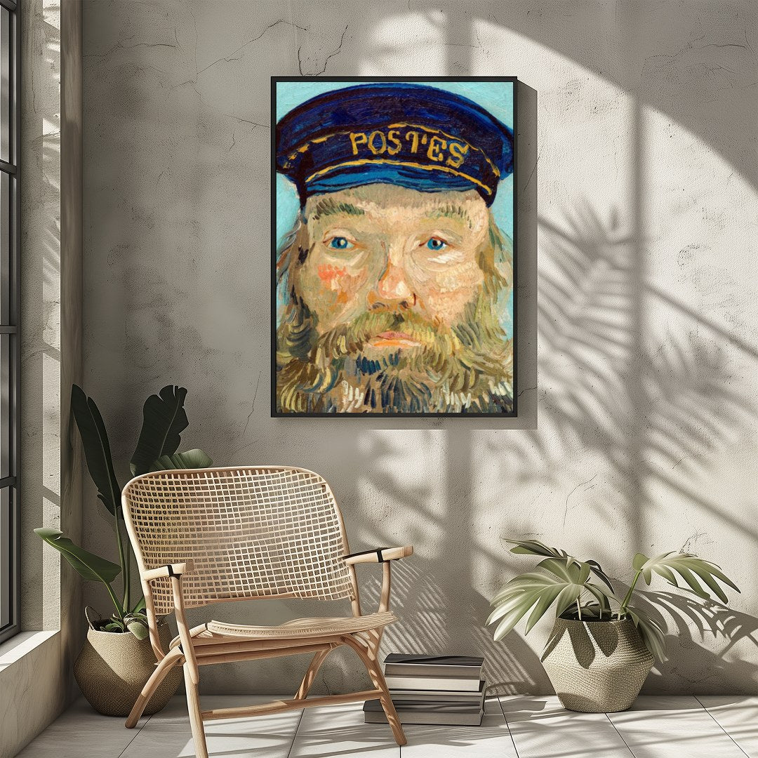 Capture the timeless essence of communication with 'The Postman's Portrait in Blue'. This for Sitting Area