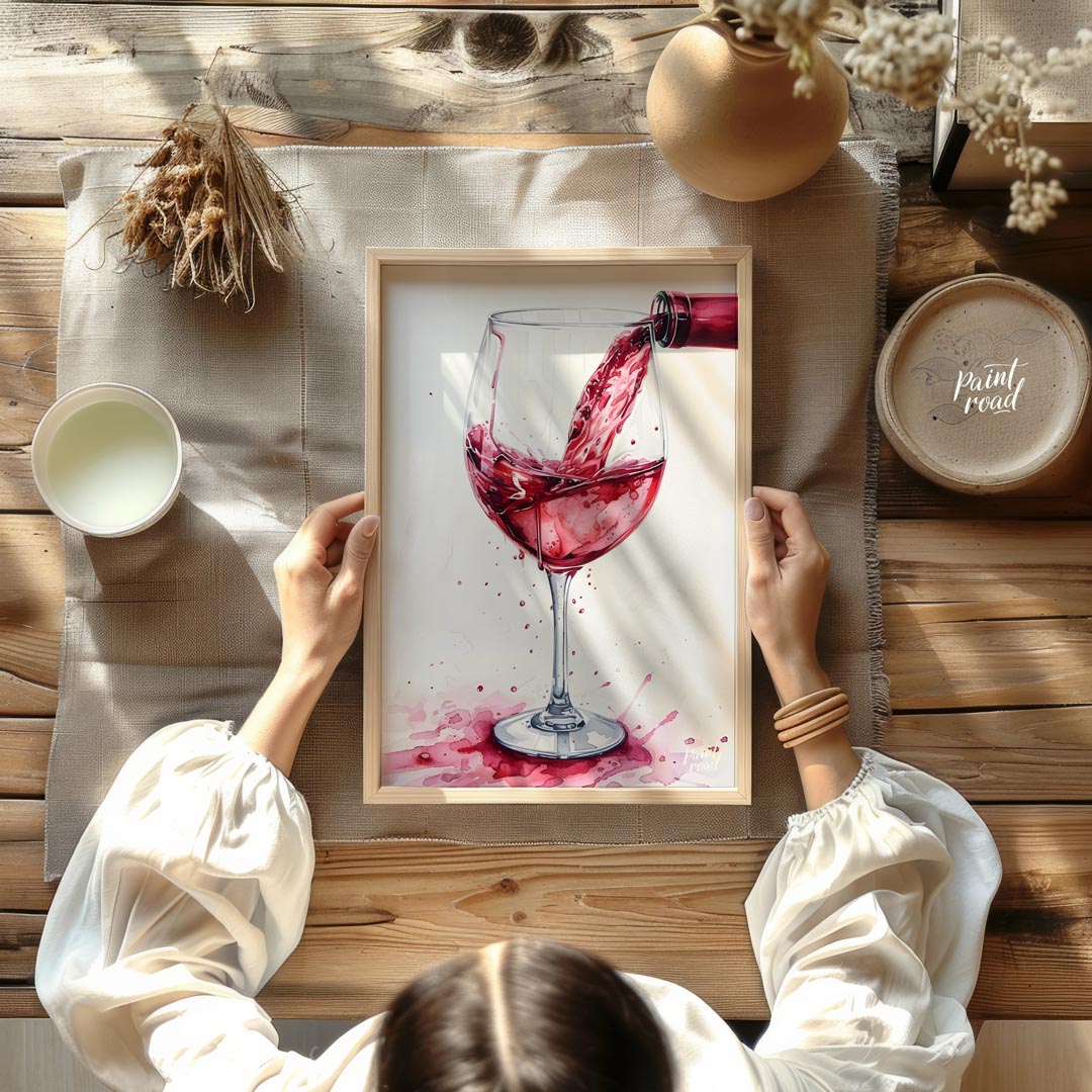 A captivating watercolor painting capturing the dynamic moment of pouring red wine into a crystal g… for dining room