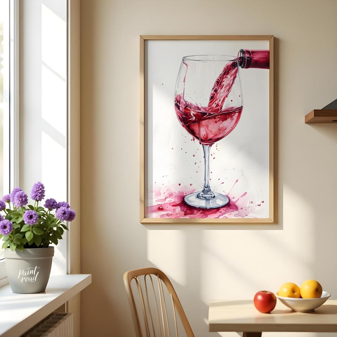 A captivating watercolor painting capturing the dynamic moment of pouring red wine into a crystal g… for dining room