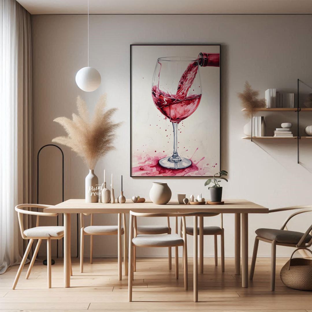 A captivating watercolor painting capturing the dynamic moment of pouring red wine into a crystal g… for dining room