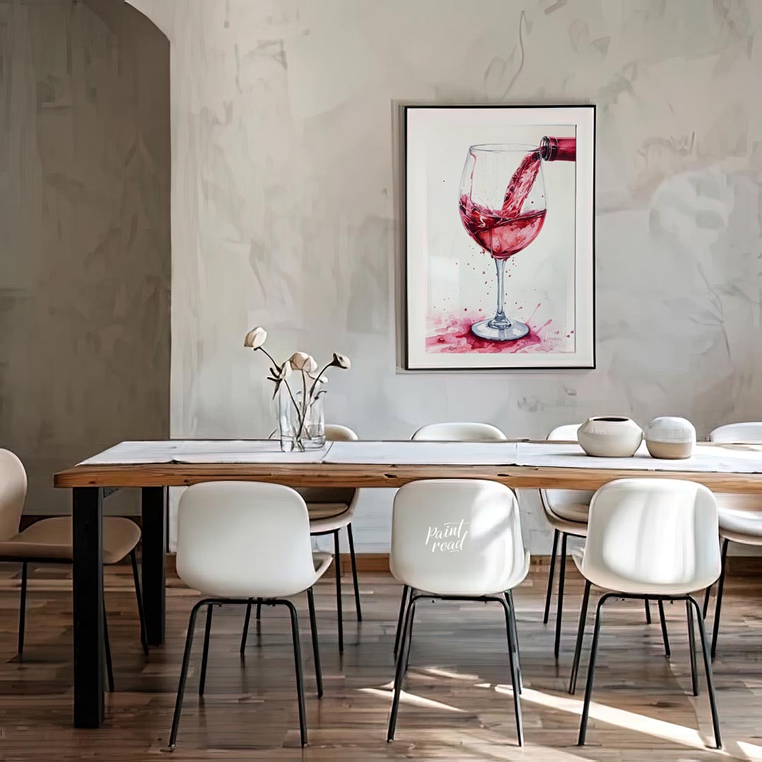 A captivating watercolor painting capturing the dynamic moment of pouring red wine into a crystal g… for dining room