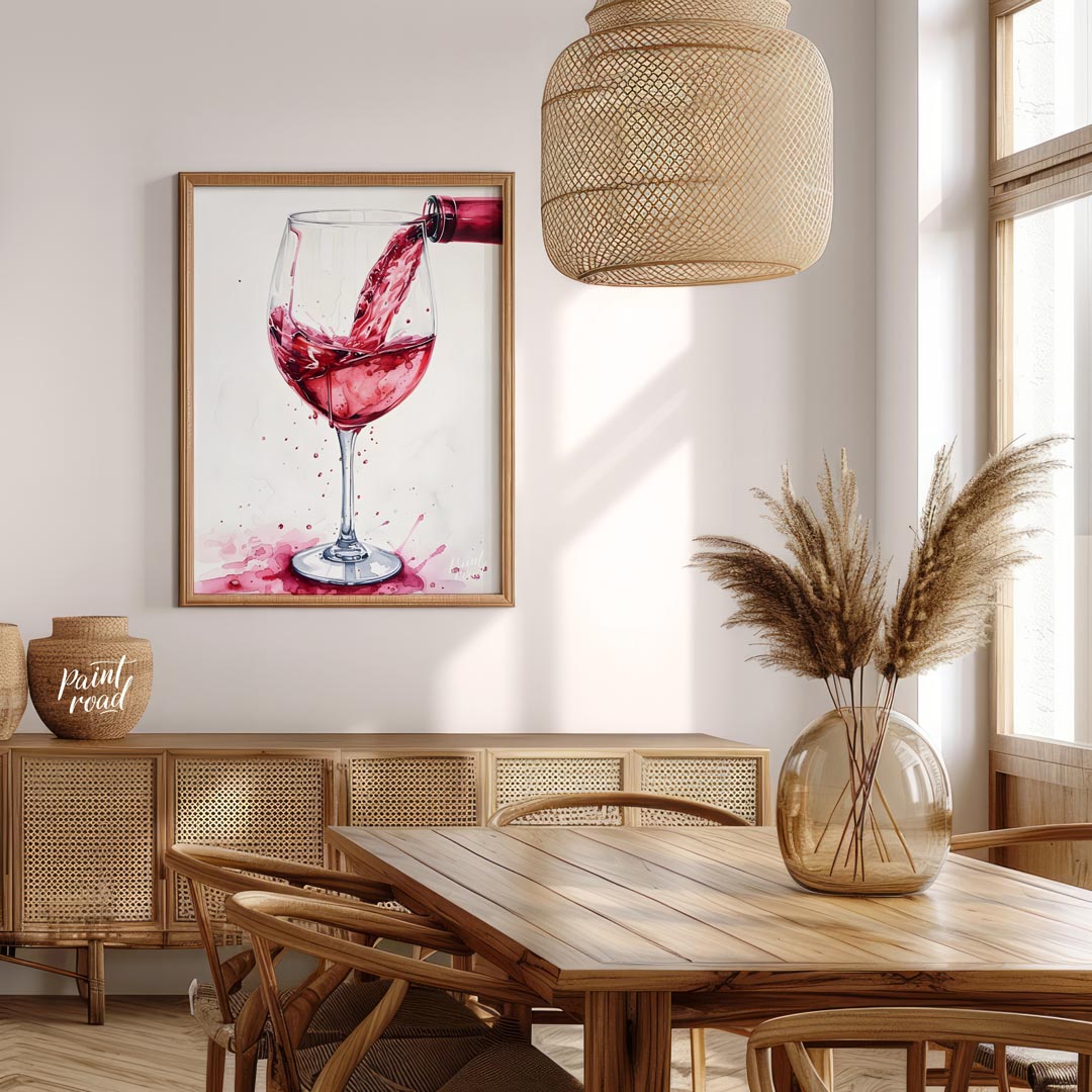 A captivating watercolor painting capturing the dynamic moment of pouring red wine into a crystal g… for dining room