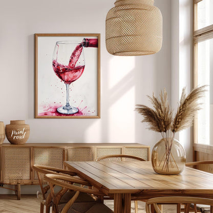 A captivating watercolor painting capturing the dynamic moment of pouring red wine into a crystal g… for dining room