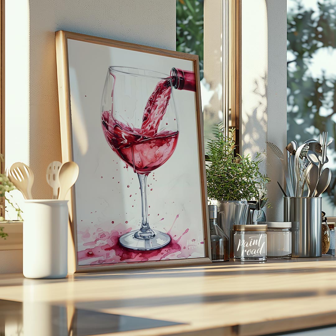 A captivating watercolor painting capturing the dynamic moment of pouring red wine into a crystal g… for kitchen