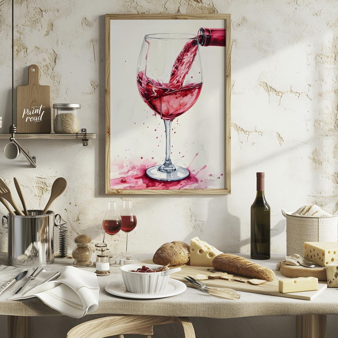 A captivating watercolor painting capturing the dynamic moment of pouring red wine into a crystal g… for kitchen