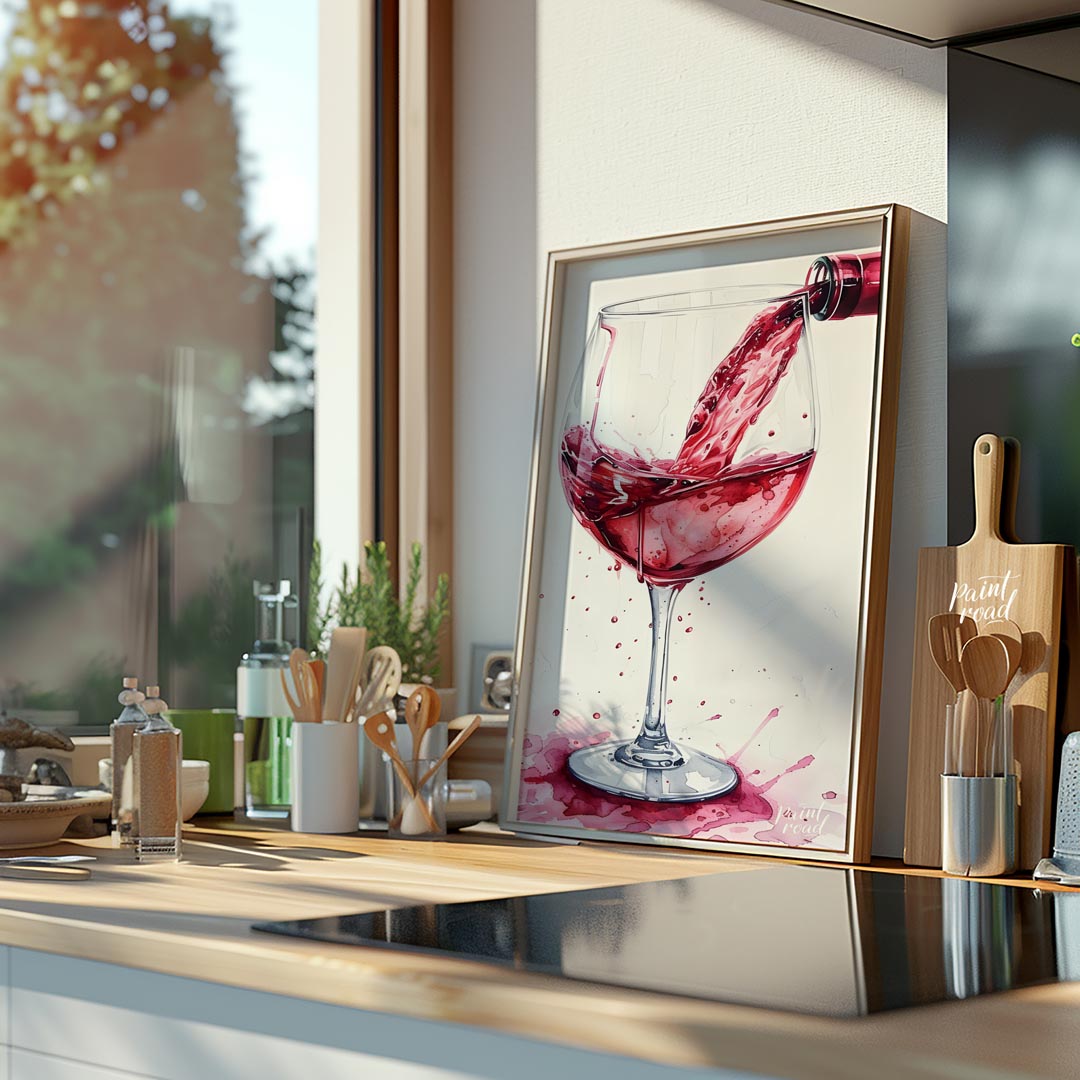 A captivating watercolor painting capturing the dynamic moment of pouring red wine into a crystal g… for kitchen