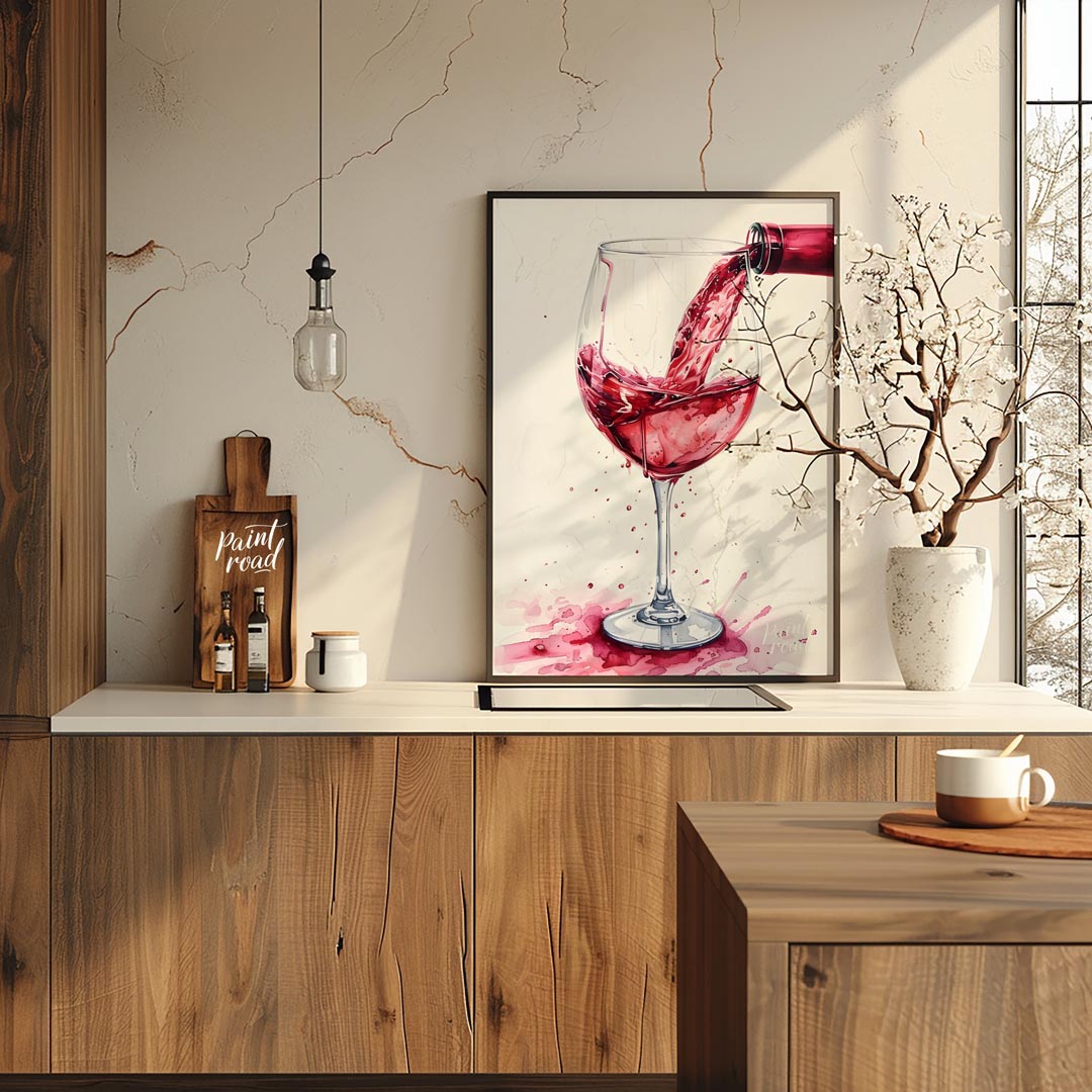 A captivating watercolor painting capturing the dynamic moment of pouring red wine into a crystal g… for kitchen